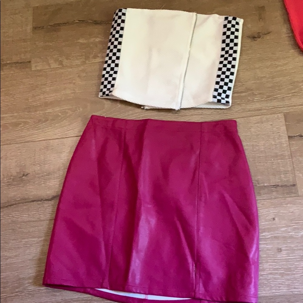 white tube top/purple skirt